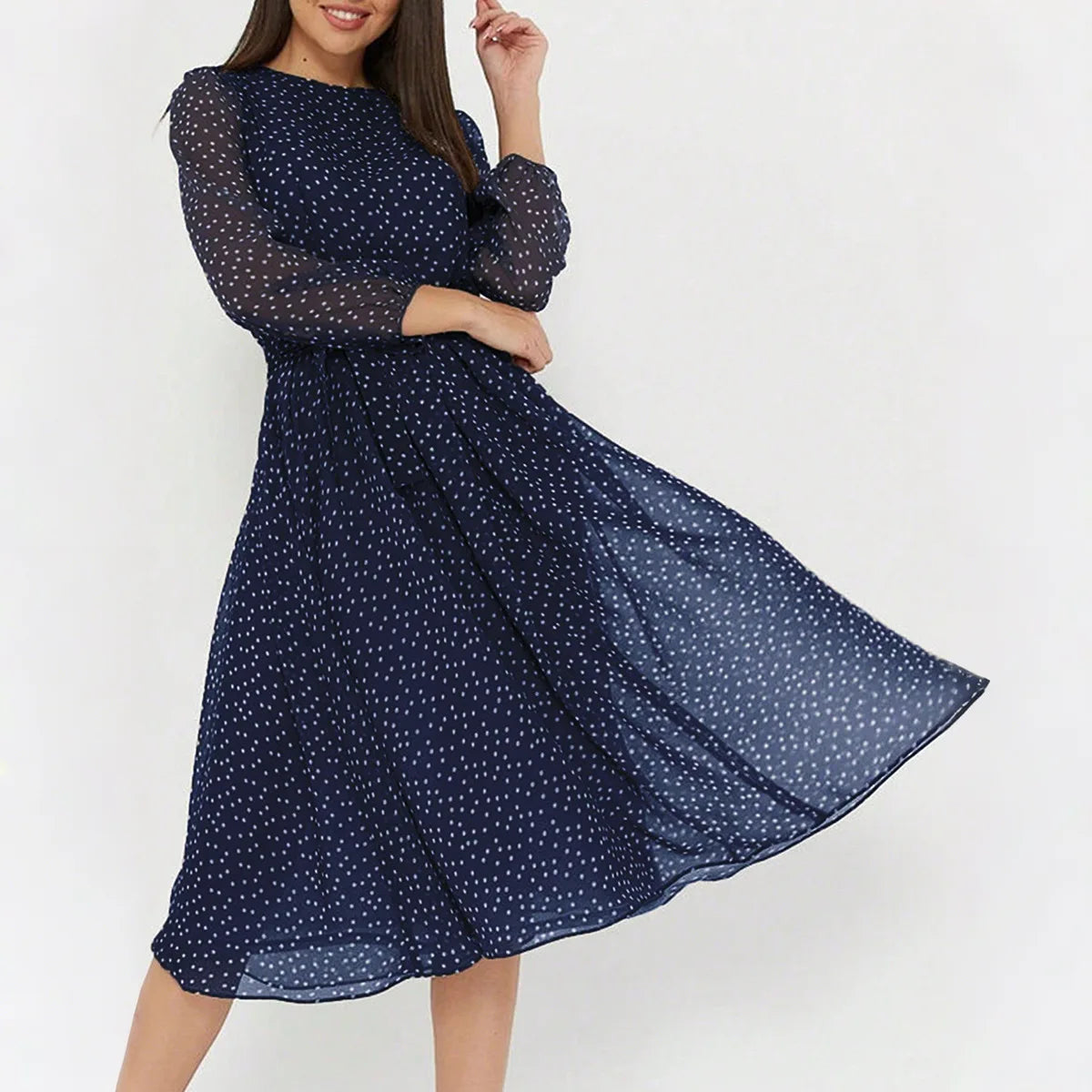 Print Dot Dress Women Casual Long Sleeve Round Neck Midi Dresses Lace Up Vocation Elegant Vestidos Summer 2025 Y2k Streetwear
