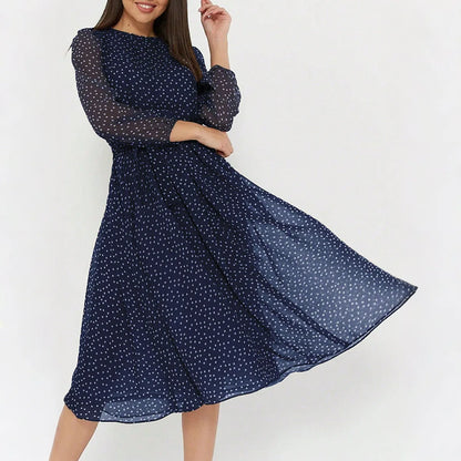 Print Dot Dress Women Casual Long Sleeve Round Neck Midi Dresses Lace Up Vocation Elegant Vestidos Summer 2025 Y2k Streetwear