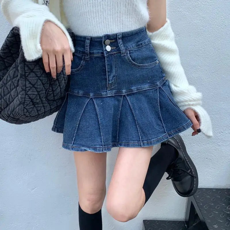 High-Waisted Denim Skirt Women's New Pleated Retro Blue Skinny A-line Flanged Wrap Hip Skirt