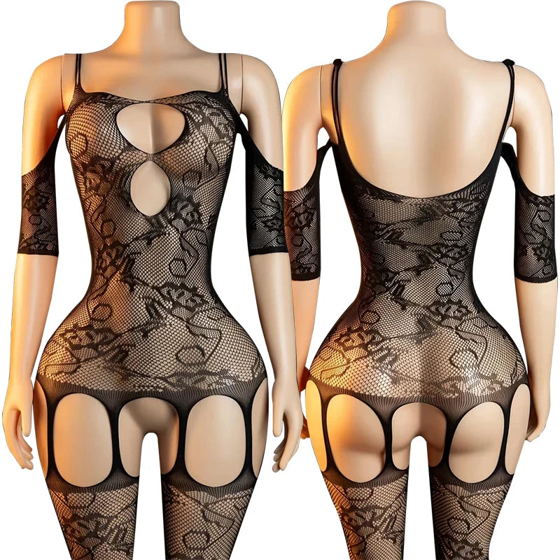 Sexy Fishnet Underwear For Woman Open Bra Bodysuit With Lace Stockings Set Porn Crotchless Bodystockings Hot Erotic Lingerie Set