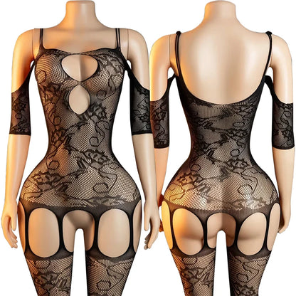Sexy Fishnet Underwear For Woman Open Bra Bodysuit With Lace Stockings Set Porn Crotchless Bodystockings Hot Erotic Lingerie Set
