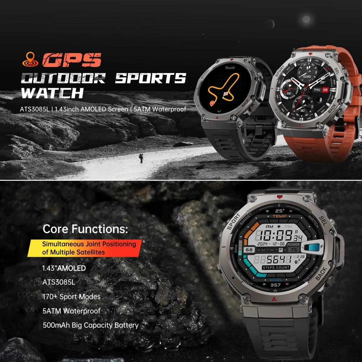 Original T-Rex 3 Military Smart Watch Bulit-in GPS Compass Altimeter Barometric 5ATM Waterproof AMOLED Bluetooth Call Smartwatch