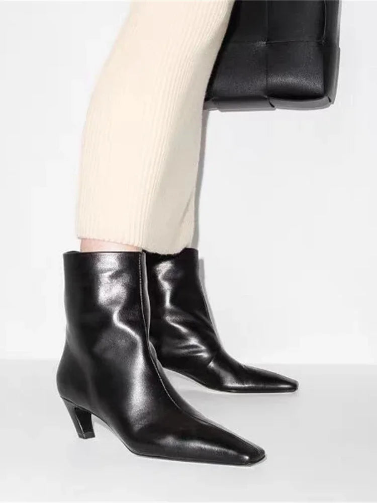 Embroidered Square Toe Cat Heel Western Cowboy Boots Woman Winter 2025 Slip-On Shaped Heel Slim Boots Fashion Shoes for Women