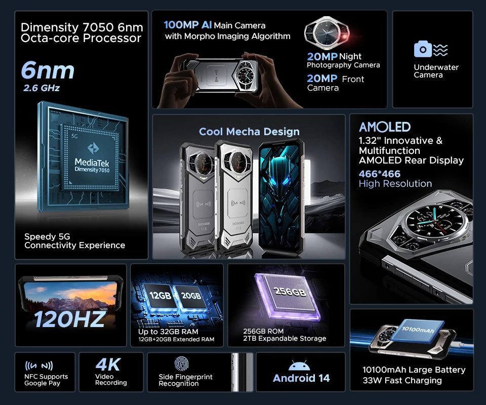Global Version DOOGEE S200 5G Rugged Phone 12GB +256GB 6.72" Display 100MP AI Main Camera 10100mAh Mobilephone Android 16 NFC