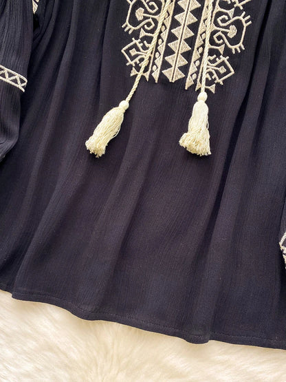 Women's Bohemia Blouse Embroidered Autumn Spring O-neck Collar Bow Tie Lantern Sleeve Top Blusas Mujer Female Tops BL020