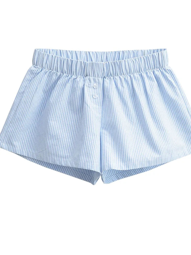 Striped Print Casual Shorts for Women Elastic Waist Fashion Button Bottoms Streetwear Chic Basic Y2K Loose Shorts