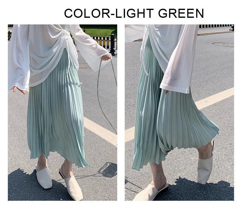 Womens Chic Pleated Swing Long Skirt with Liner Korean Fashion Kawaii Elastic High Waist OL Chiffon Shirring Mermaid Skirts K77