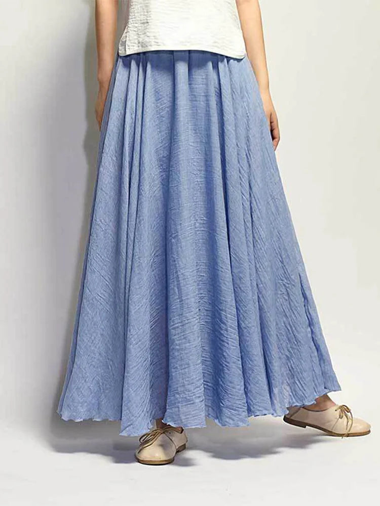 Women's Elegant High Waist Linen Maxi Skirt 2024 Summer Ladies Casual Elastic Waist 2 Layers Skirts saia feminina