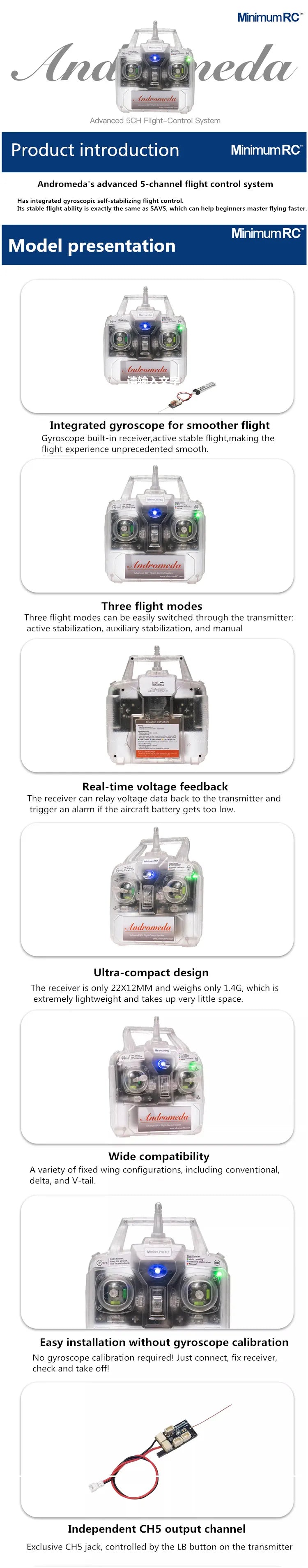 Andromeda 2.4G 5Ch Gyro RC Transmitter Auto-Stabilize Tri-Mode for 300-800mm Fixed-Wing Delta/V-Tail FPV Drone