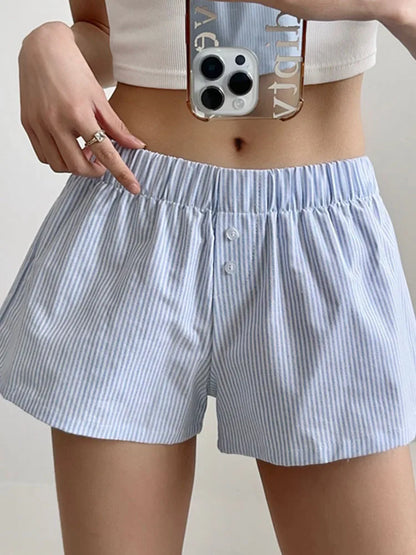 Striped Print Casual Shorts for Women Elastic Waist Fashion Button Bottoms Streetwear Chic Basic Y2K Loose Shorts