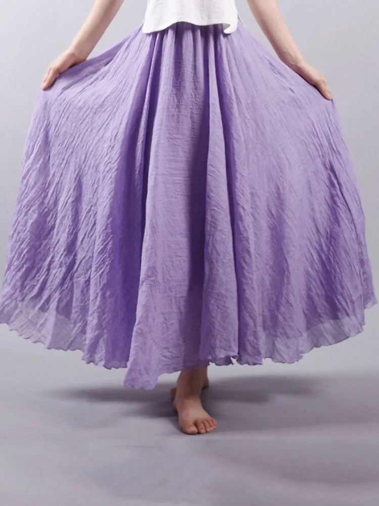 Women's Elegant High Waist Linen Maxi Skirt 2024 Summer Ladies Casual Elastic Waist 2 Layers Skirts saia feminina