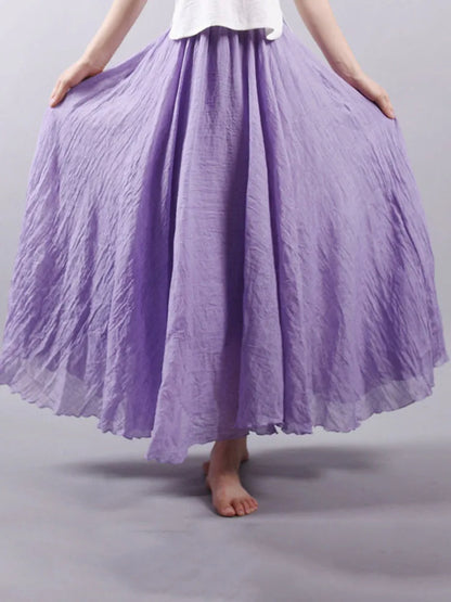 Women's Elegant High Waist Linen Maxi Skirt 2024 Summer Ladies Casual Elastic Waist 2 Layers Skirts saia feminina