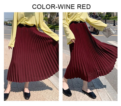 Womens Chic Pleated Swing Long Skirt with Liner Korean Fashion Kawaii Elastic High Waist OL Chiffon Shirring Mermaid Skirts K77