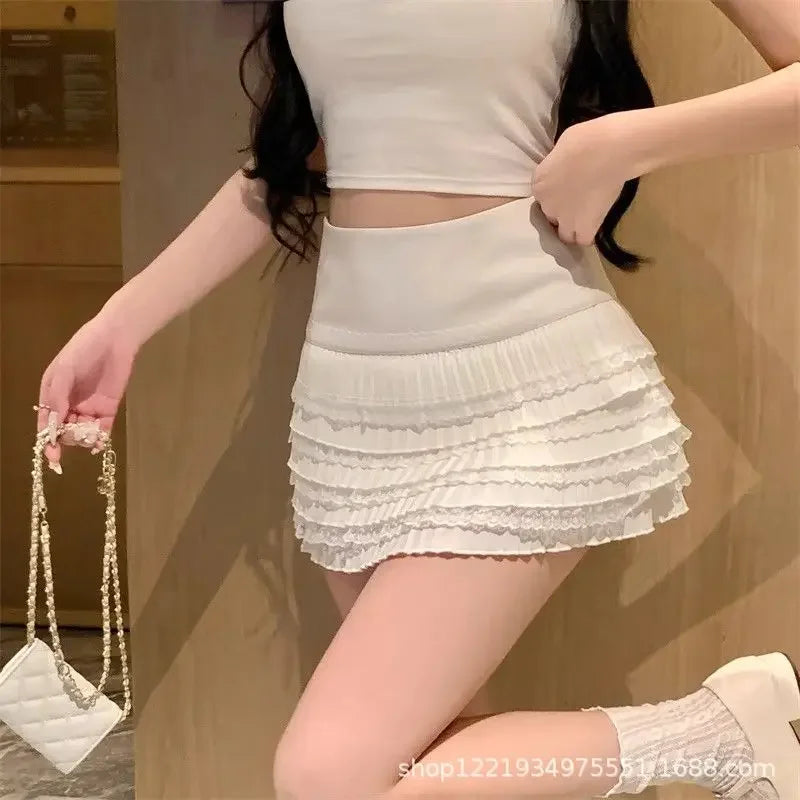 Sweet And Spicy Korean Style High Waist Pleated Mini Skirt Women's Summer New Fashion Lace Wrap around Short Skirt