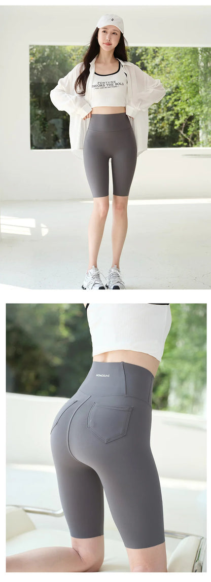 BIVIGAOS Summer New Back Pocket Sharkskin Cycling Shorts Women Cool Knee Length Short Leggings Casual Elastic Sport Biker Shorts