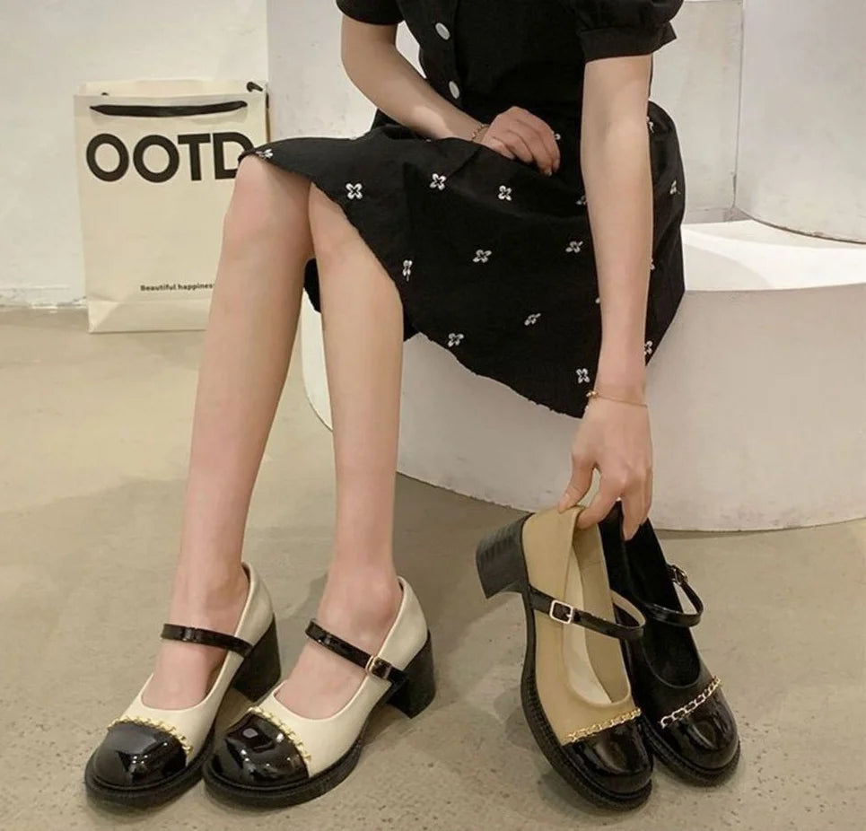 Women's Summer Footwear On Heeled Round Toe Shoes For Woman 2025 Gothic Mary Jane Pumps High Heels Luxury Leather Casual Black A