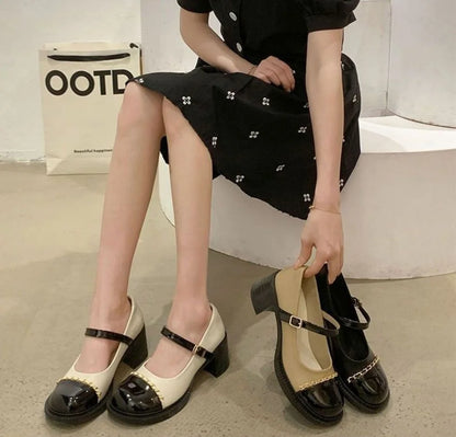 Women's Summer Footwear On Heeled Round Toe Shoes For Woman 2025 Gothic Mary Jane Pumps High Heels Luxury Leather Casual Black A
