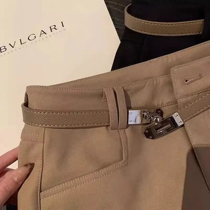 Khaki Casual Pants for Women Autumn and Winter Outerwear Booty Shorts Hips Elastic Tight Design High Waist Slimming Shorts Women