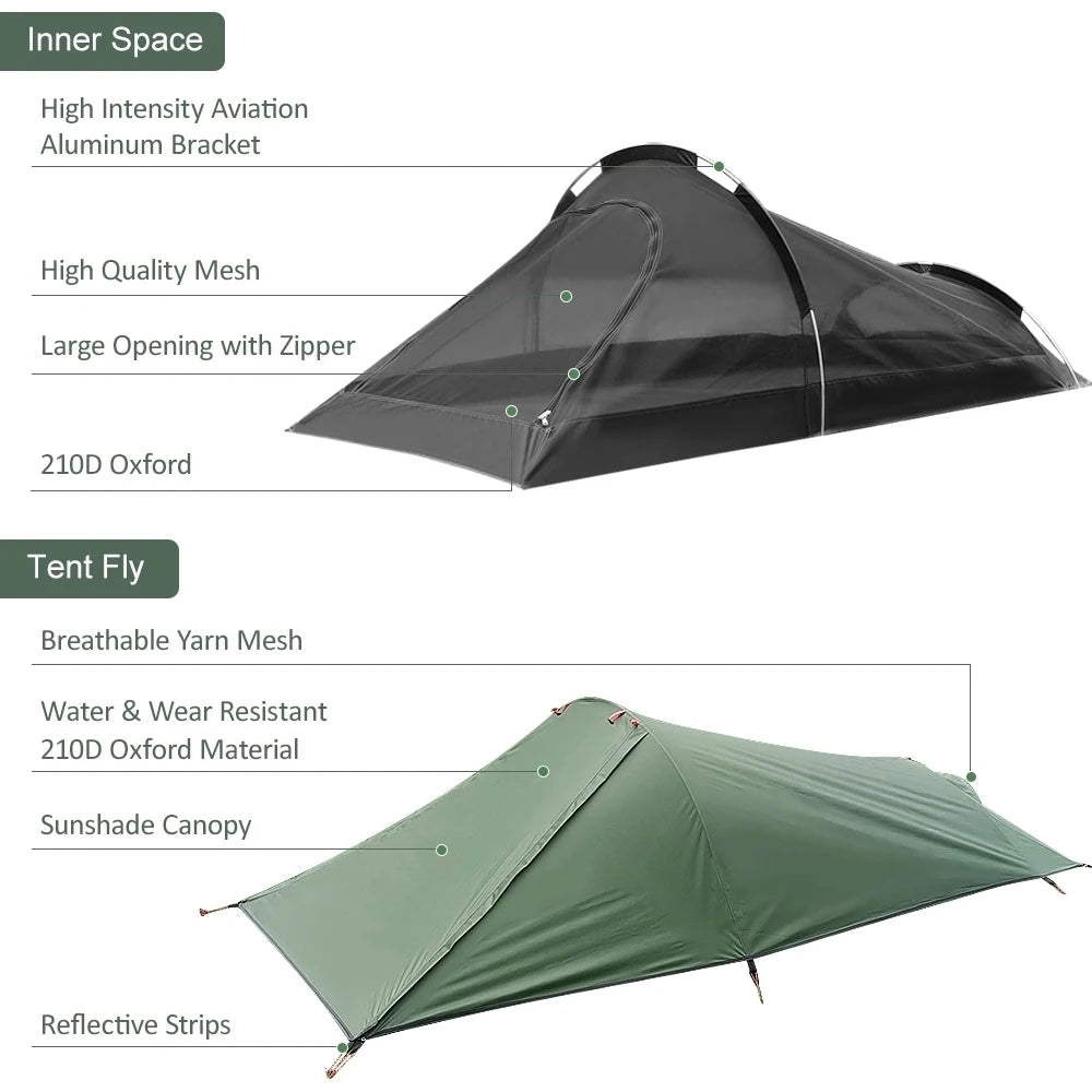 Outdoor Camping Tent Single Person Camping Tent Water Resistant Tent Aviation Aluminum Support Portable Sleeping Bag Tent