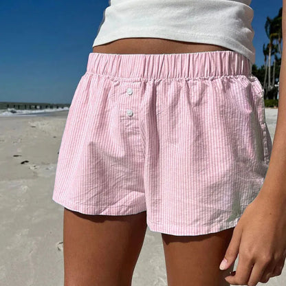 Striped Print Casual Shorts for Women Elastic Waist Fashion Button Bottoms Streetwear Chic Basic Y2K Loose Shorts
