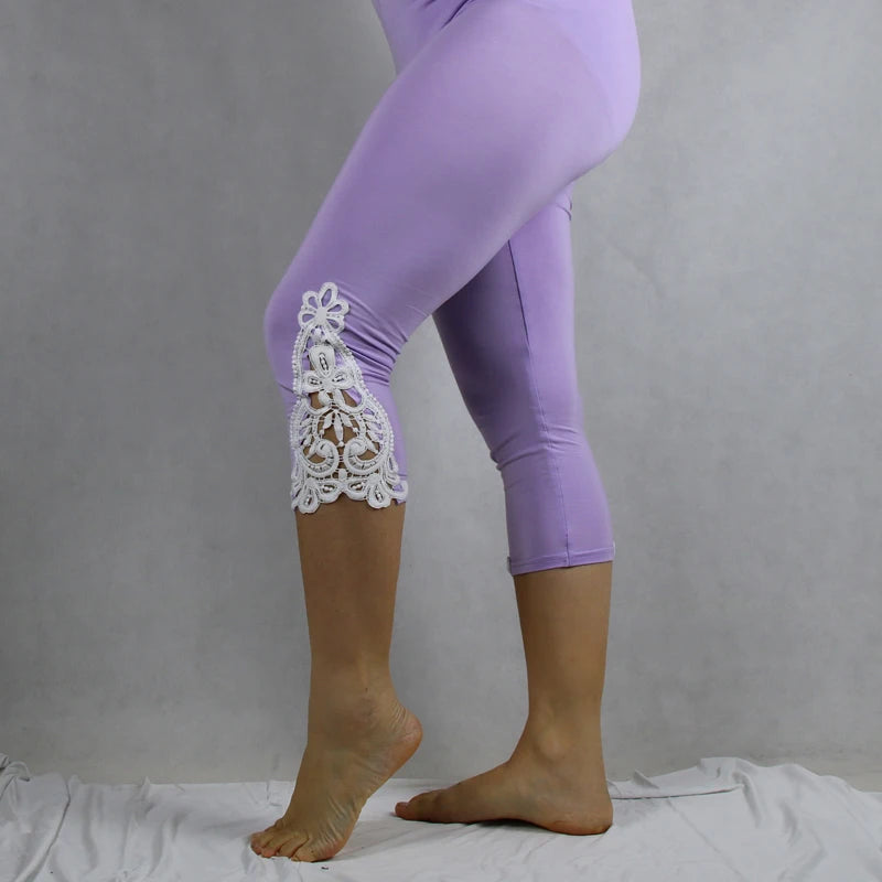 7XL Large Size Leggings For Women Summer Thin Tick 3/4 Capris Short Lace Hollow Tight Pants Black White Pink Red  6XL 5xl 4xl