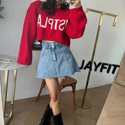 Chic High Waist A-Line  Skirt Women's Jeans ort Skirt Spring Vintage Slimming Splicing Hemming Girl's Faion Commute