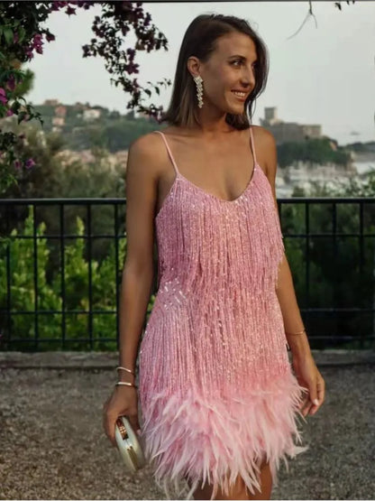 Summer Fashion Elegant Tassel Sequin Dress Women's Sexy Slim Sleeveless V-neck High Waist Suspender Feather Stitching Dresses