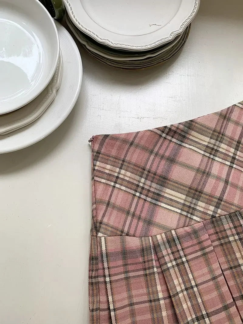 Women's High Waist Slim College Style A-shaped Anti-exposure Plaid Pleated Jk Skirt