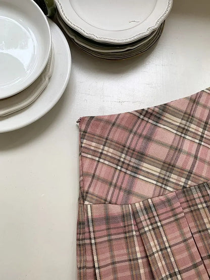 Women's High Waist Slim College Style A-shaped Anti-exposure Plaid Pleated Jk Skirt