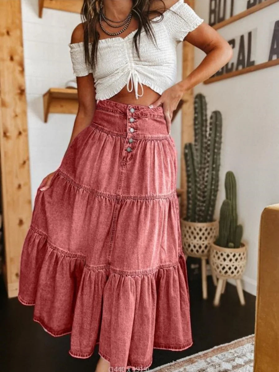 Womens A-Line Denim Long Skirts High Waist Ruffled Hem Midi Denim Skirt Stretchy Button Denim Maxi Skirt Streetwear