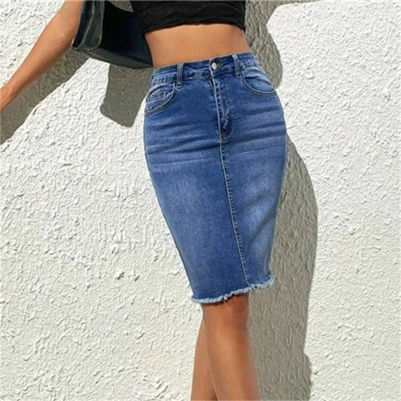 Fashion High Waist Denim Skirt Women Tassel Decoration Hem Wrap Hip Half-body Dress Female Summer Daily Casual Trend Streetwear