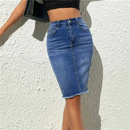 Fashion High Waist Denim Skirt Women Tassel Decoration Hem Wrap Hip Half-body Dress Female Summer Daily Casual Trend Streetwear