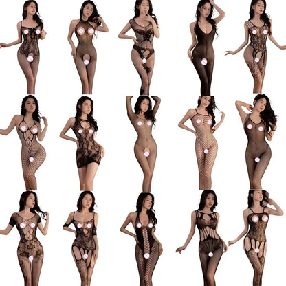 Women Sexy Lingerie Crotchless Porn Fishnet Mesh Erotic Bodysuit Female Stretch Open Crotch Porn Teddy Hollow Out Bodystockings