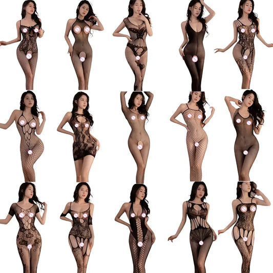 Women Sexy Lingerie Crotchless Porn Fishnet Mesh Erotic Bodysuit Female Stretch Open Crotch Porn Teddy Hollow Out Bodystockings
