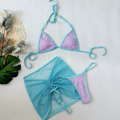 SINGREINY Mesh Sheath Sexy Bikini Sets Female Mini Camis Briefs+Short Skirt Set Fashion Drawstring Sensual Beach 3 Pieces Suits