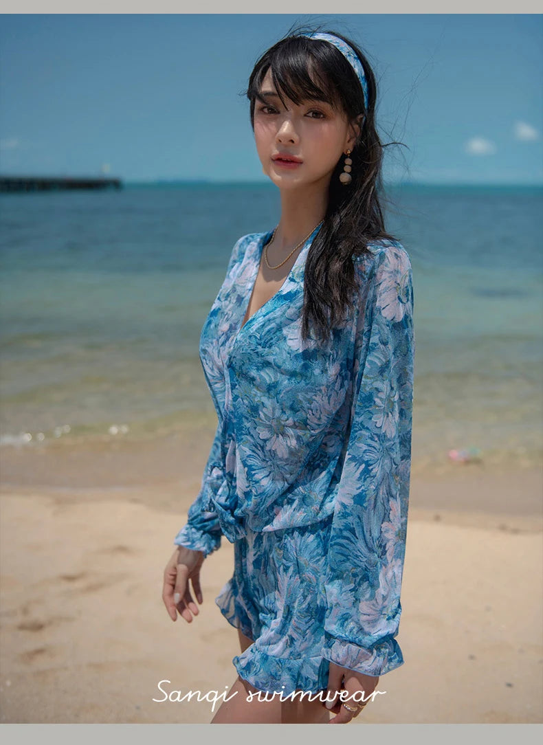 Swimsuit 4 Pieces Bikini Sets Women Swimwear Printed Underwired Mesh Long Sleeve Cover Up High Waist Shorts Headband 2023 New