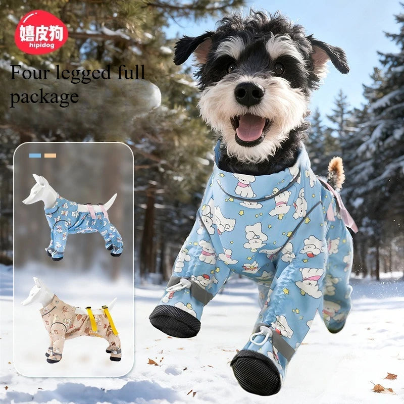 Dog full package with stomach protection and feet, dust-proof pants for winter outings, dirt proof and plush warm pet clothes
