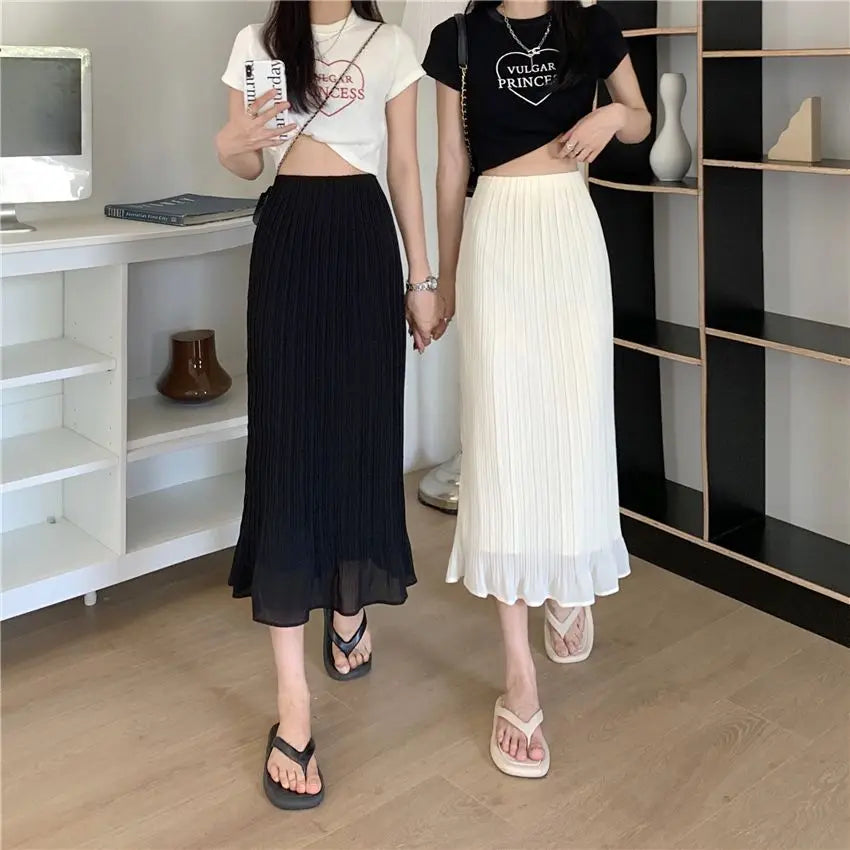 Summer New Fashion Solid Spring Wrapped Hip Fishtail Skirt Women Patchwork Elastic Waist Elegant Gentle Mid Length A-line Skirts