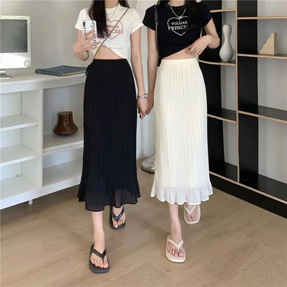 Summer New Fashion Solid Spring Wrapped Hip Fishtail Skirt Women Patchwork Elastic Waist Elegant Gentle Mid Length A-line Skirts