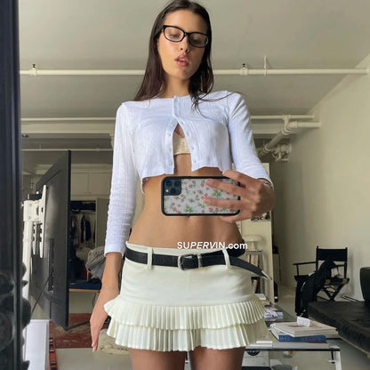 Summer Clothes Tweed Pleated Skirt Women Black Mini Skirts For Woman Preppy Low Waist Pleated Layered Casual Short Skirts Blue