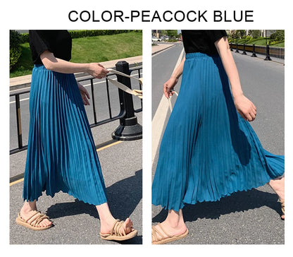 Womens Chic Pleated Swing Long Skirt with Liner Korean Fashion Kawaii Elastic High Waist OL Chiffon Shirring Mermaid Skirts K77