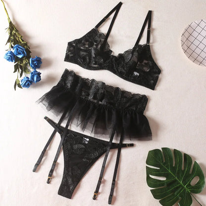 Lingerie Set Women Sexy Underwear Push Up Strappy Embroidered Mesh Sheer Lingerie Set See Through Panty Bra 3 Piece Langerie