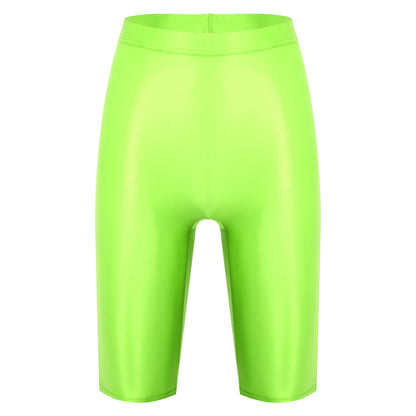 Women Glossy Shorts High Waist Fitness Short Leggings Oil Shiny Knee-Length Tights Swimming Trunks Female Workout Sports Bottoms
