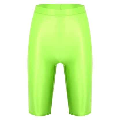 Women Glossy Shorts High Waist Fitness Short Leggings Oil Shiny Knee-Length Tights Swimming Trunks Female Workout Sports Bottoms