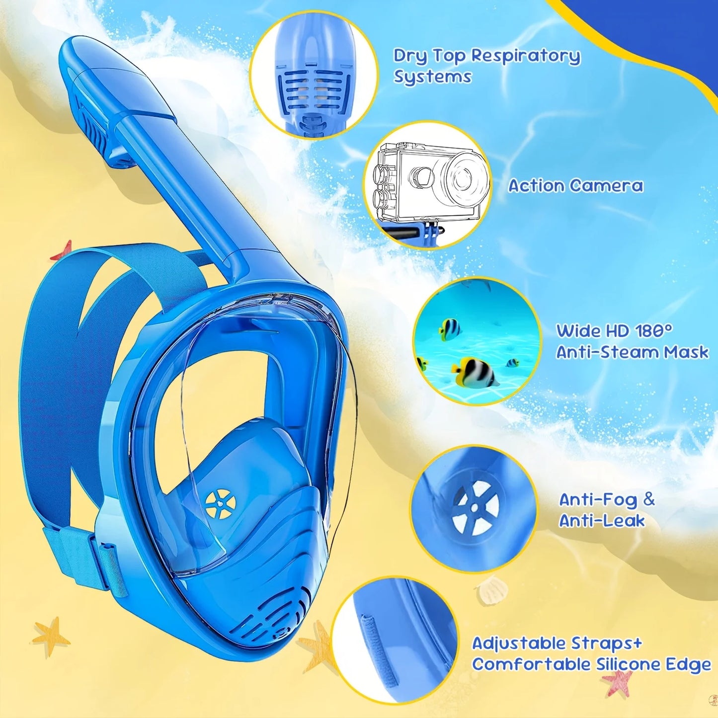 Kids Snorkel Mask Anti-Fog Leak-Proof Soft Silicone Design Easy to Wear Diving Mask Underwater Scuba Full Face 360° Panoramic