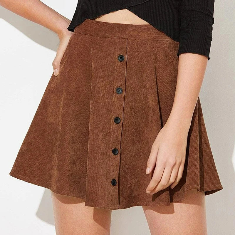 Fashion Corduroy Mini Skirts for Women Single Breasted Skirt Woman Autumn Winter Chic High-Waisted Umbrella Skirts Female