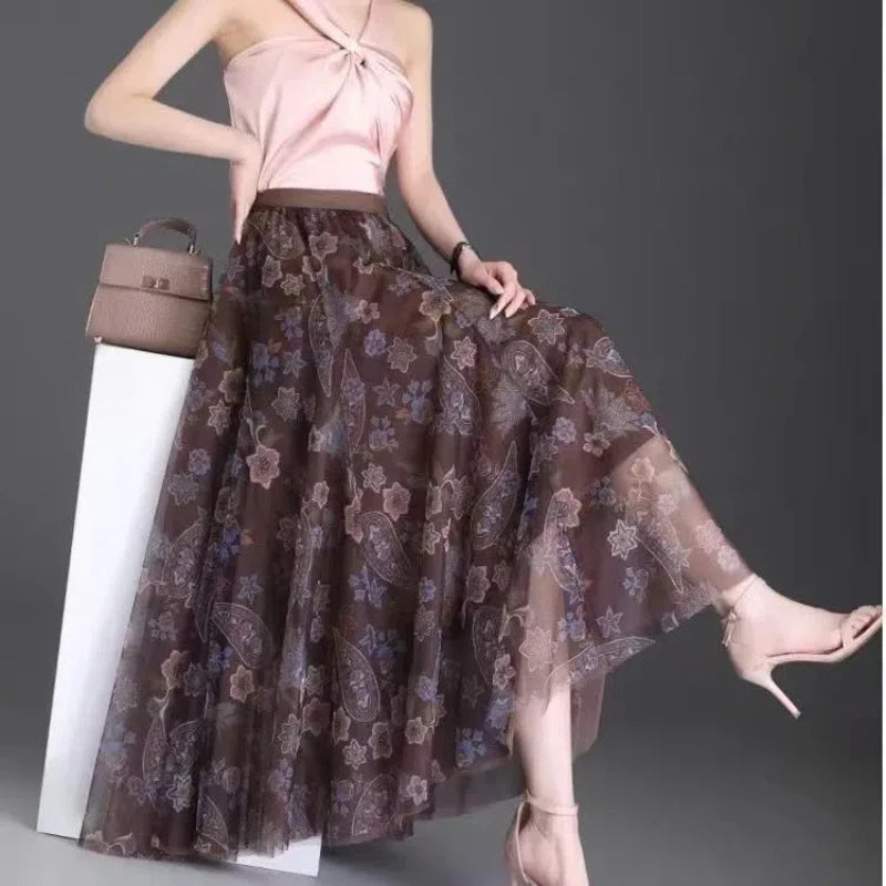 2025 High-waisted Slim Printed A-line Large Hem Skirt with Long Skirt Temperament, Fashionable and High-end