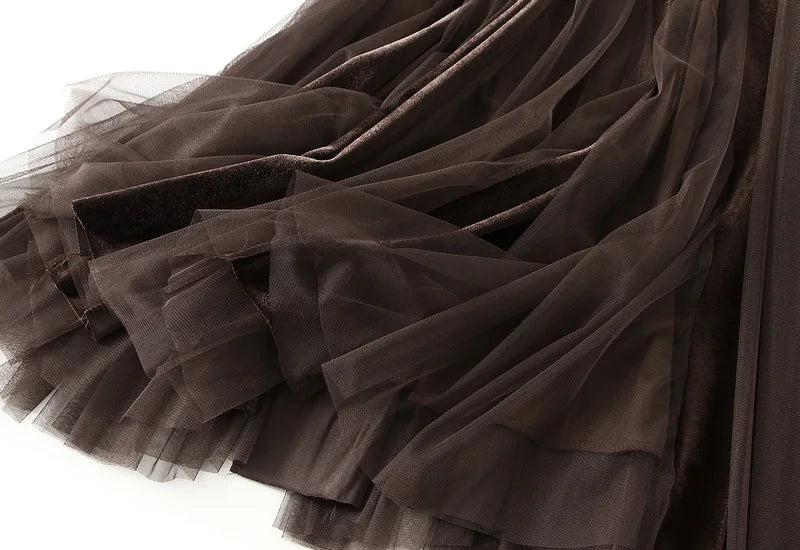 2025 Autumn Winter Velvet Mesh Patchwork Midi Skirts Women Korean Style Casual High Waist Elegant Long Skirts