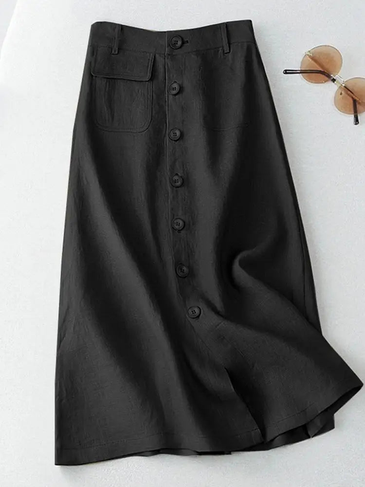 ZANZEA  Elegant Cotton Midi Skirts Casual Button Up A-line Skirt Women High Waist Jupe 2024 Summer Solid Temperament Falda Mujer