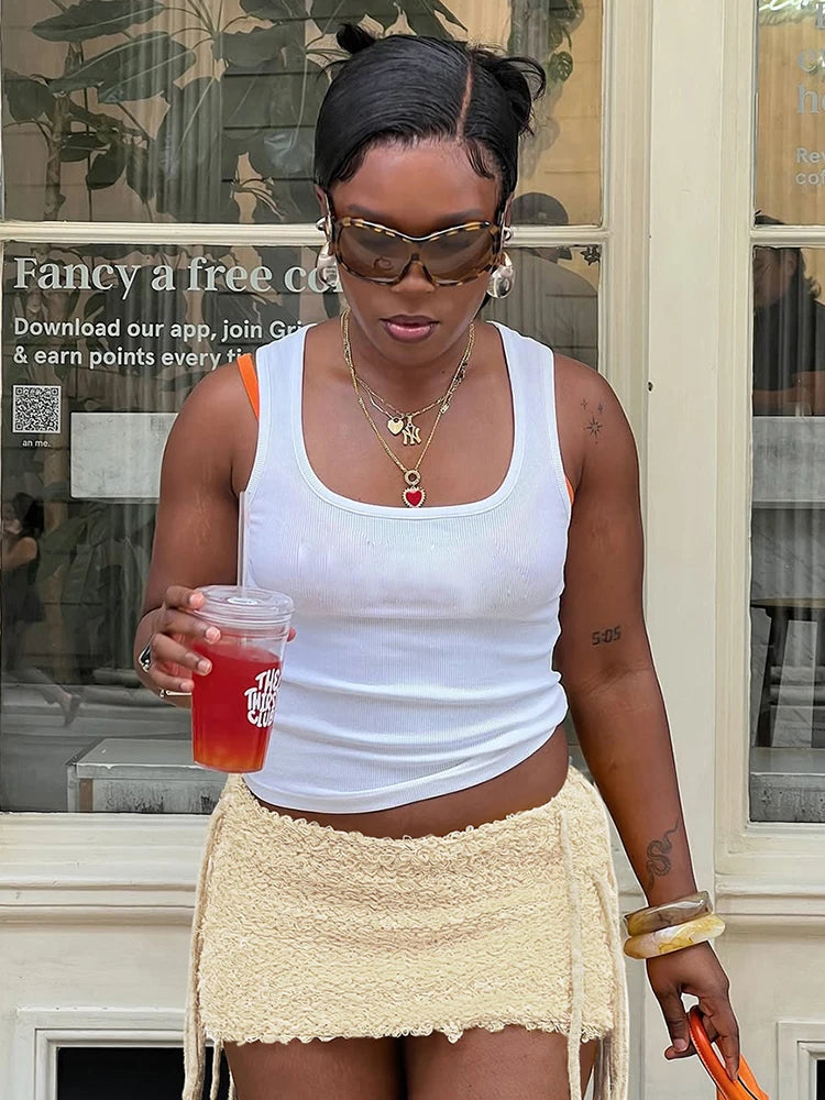 Nibber Basic Sexy Furry Side Tassel Skirts Women Y2K Peach Hip Summer Solid Wild Hipster Streetwear Skinny Midnoight Mini Bottom